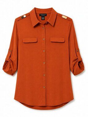 Grace Rust Satin Button Down Top Size M NWT Classic Collared Blouse